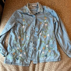 Vintage Haband Light Blue Floral Embroidered Denim Button Up